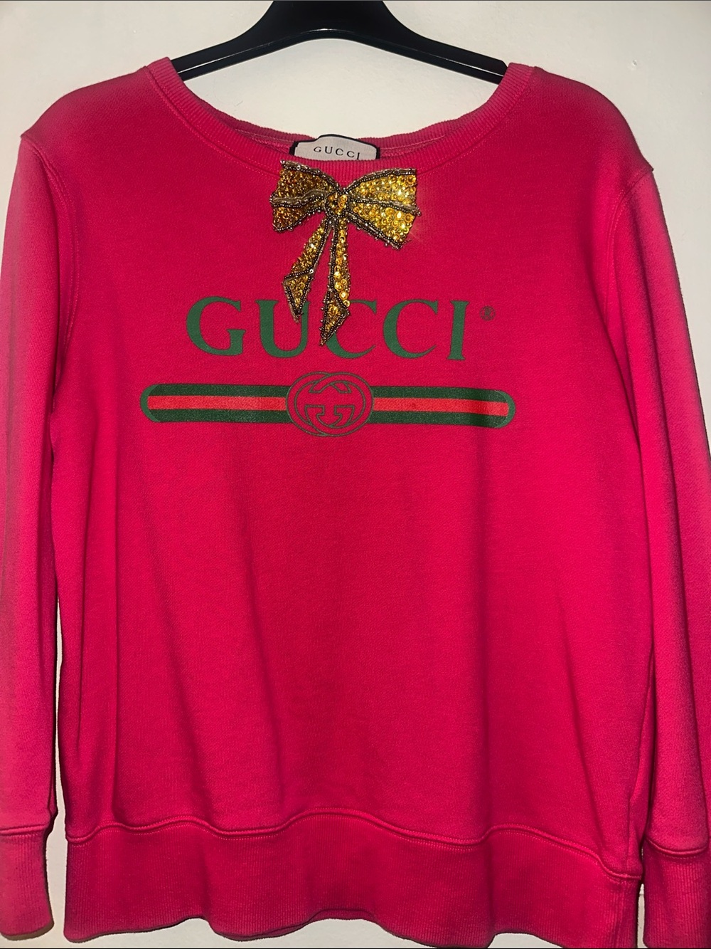 Hot Pink Logo Sweatshirt with Green Stripe and Gold Bow